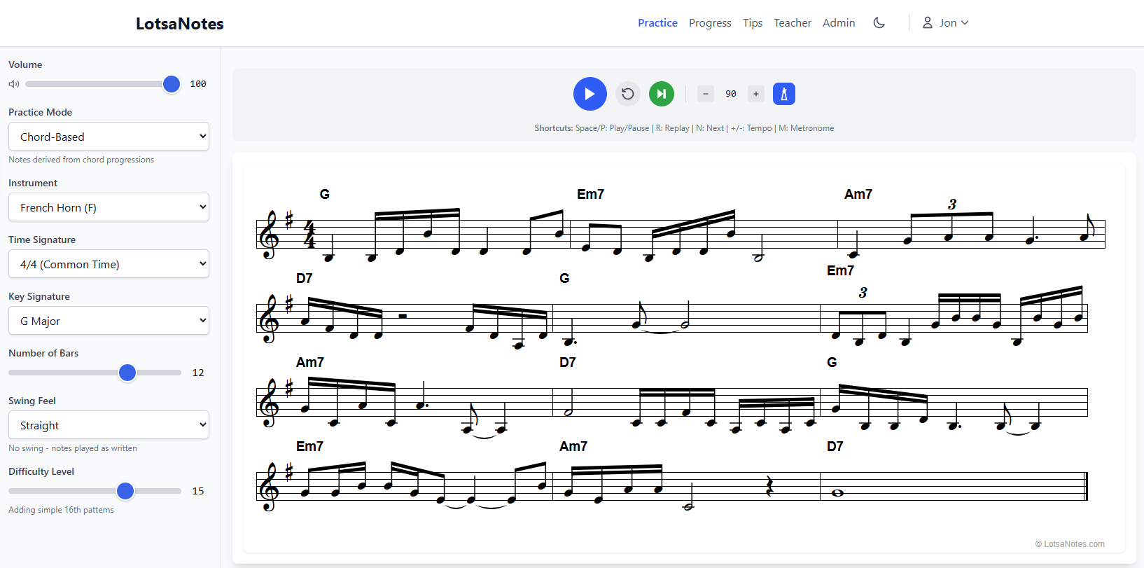 LotsaNotes practice view showing music notation with playback controls